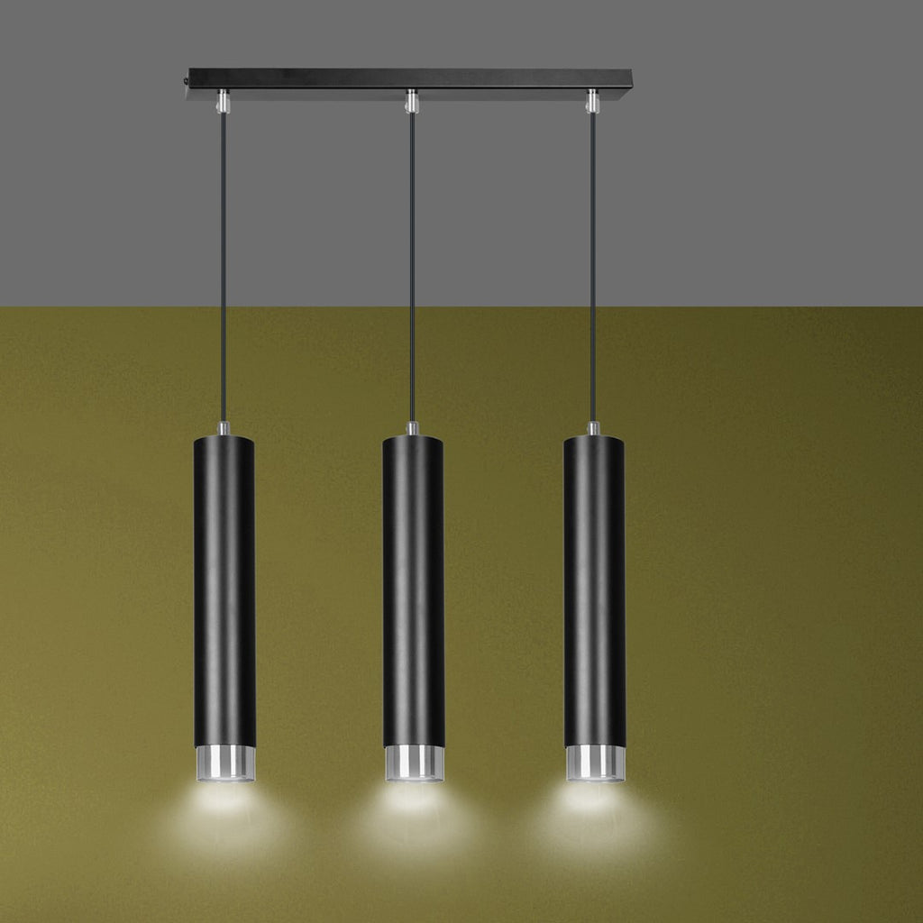 Hanglamp 3-lichts gepoedercoat staal Kibo, zwart met chroom, 45 x 100 cm, voor eettafel en woonkamer