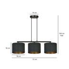 Hanglamp gepoedercoat staal en stof Hilde, zwart met gouden binnenkant, 3 kappen Ø 20 cm, minimalistisch, eetkamer