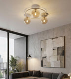 Plafondlamp gepoedercoat staal en glas Sopra, beige met amber glazen kappen, 3 lichtpunten, woonkamer, slaapkamer en hal