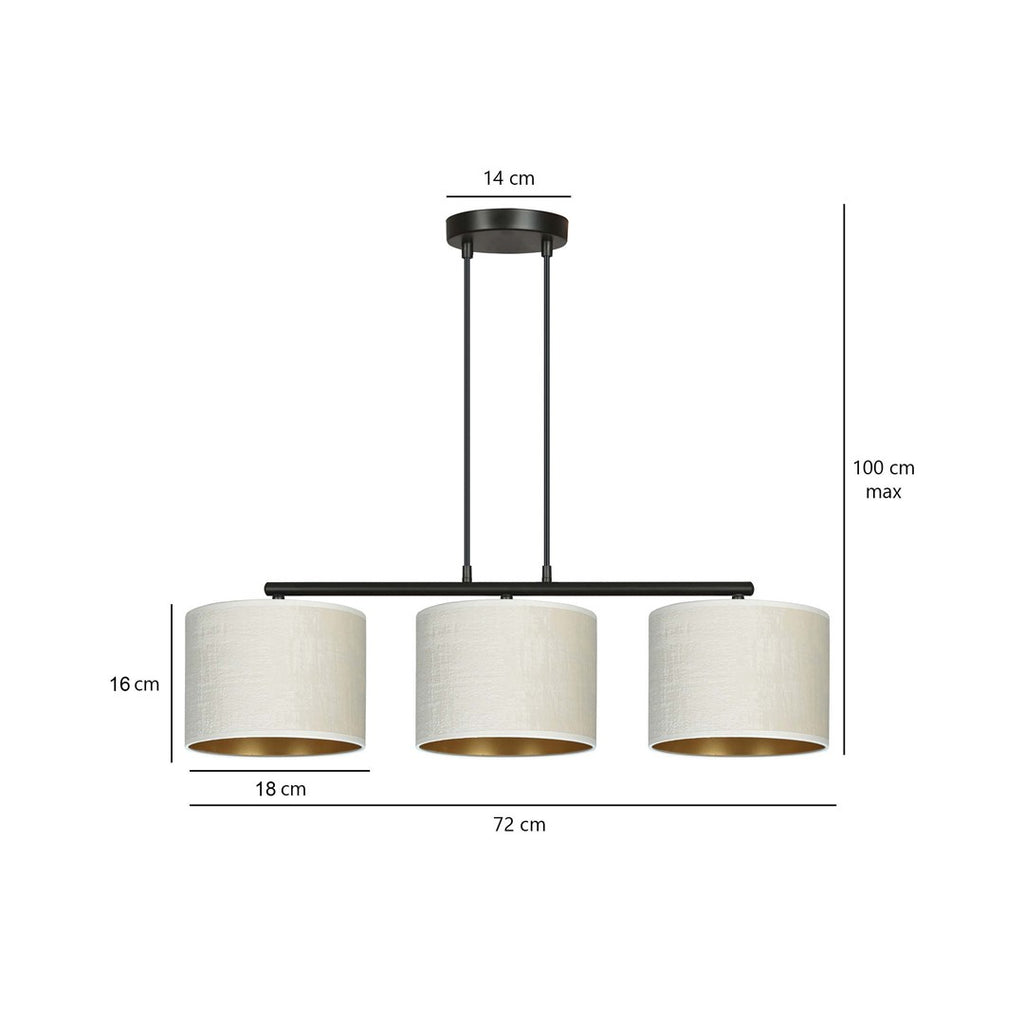 Hanglamp gepoedercoat staal en stof Hilde, zwart met witte kappen, 3 lichts, breedte 72 cm, eetkamer