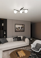 Plafondlamp gepoedercoat staal en glas, modern Smart 3 zwart met witte kappen, 3 x E14, 51 cm breed