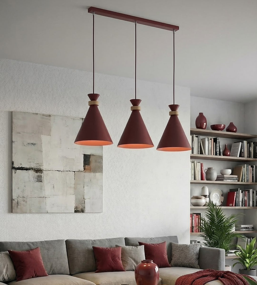 Hanglamp 3-lichts gepoedercoat staal en hout, Scandinavisch Zero, bordeaux, 78 cm, boven eettafel of kookeiland