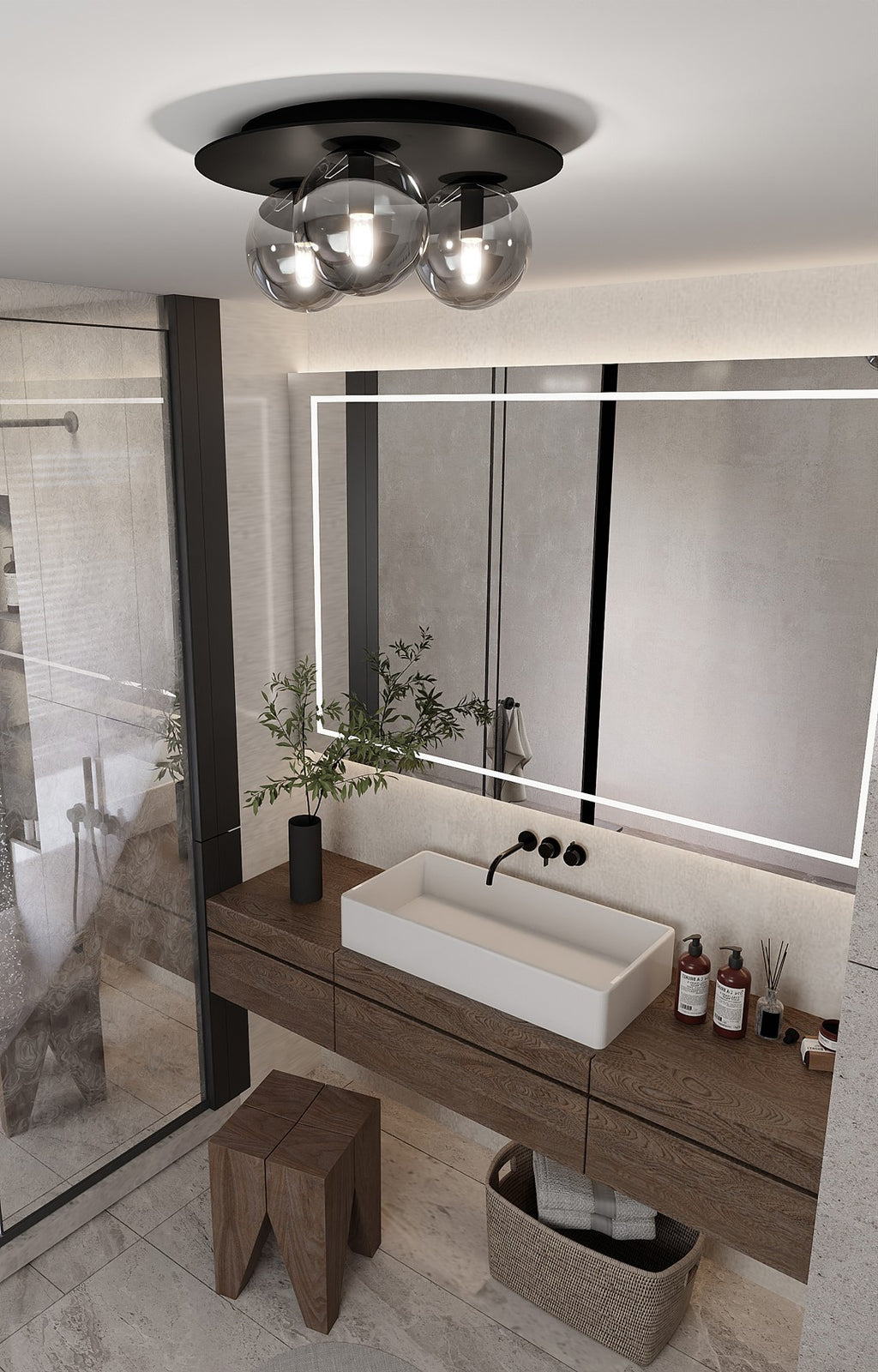 Plafondlamp gepoedercoat staal Solar zwart met grafiet glas, 3 fittingen E14, 43 x 19 cm