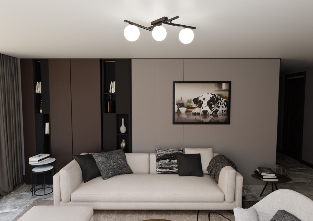Plafondlamp gepoedercoat staal en glas, modern Smart 3 zwart met witte kappen, 3 x E14, 51 cm breed
