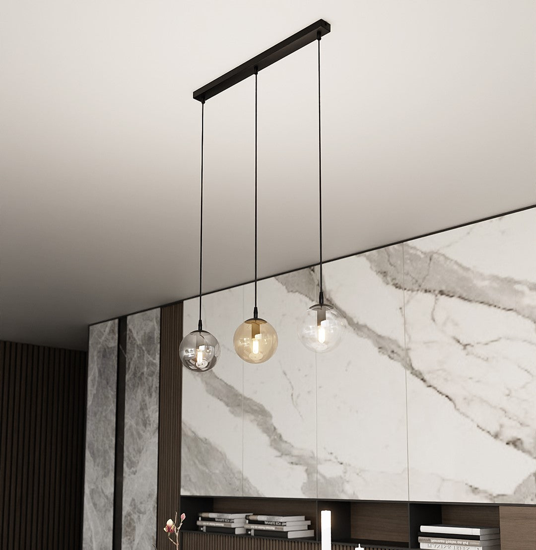 Hanglamp 3-lichts gepoedercoat staal en glas Cosmo, zwart met transparante, grafiet en amber kappen, 70 cm