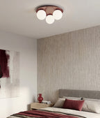 Plafondlamp gepoedercoat staal en glas Solar 3 lichts, bordeaux met witte glazen kappen Ø 43 cm