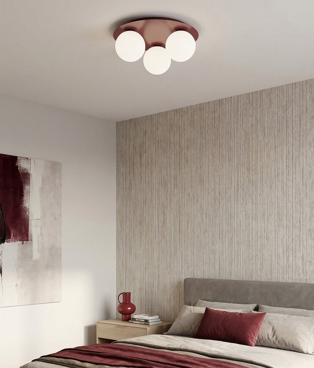 Plafondlamp gepoedercoat staal en glas Solar 3 lichts, bordeaux met witte glazen kappen Ø 43 cm