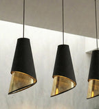 Hanglamp 3-lichts gepoedercoat staal met stoffen kap, Moda, zwart met goud, 95 cm, eettafel en woonkamer