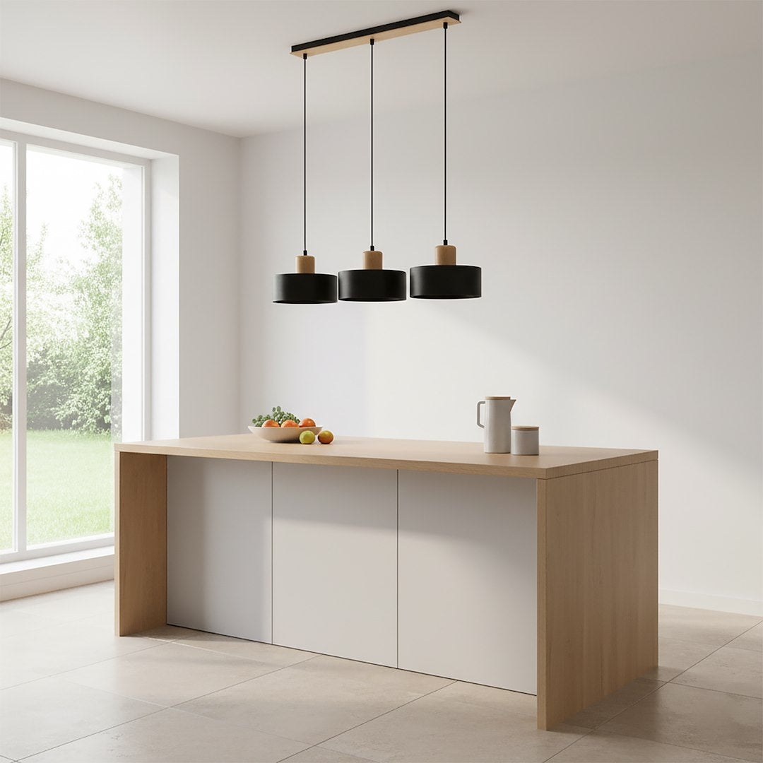 Hanglamp gepoedercoat staal en hout Torin, zwart, 3 lichts, 80 x 100 cm, verstelbare hoogte, woonkamer en eetkamer