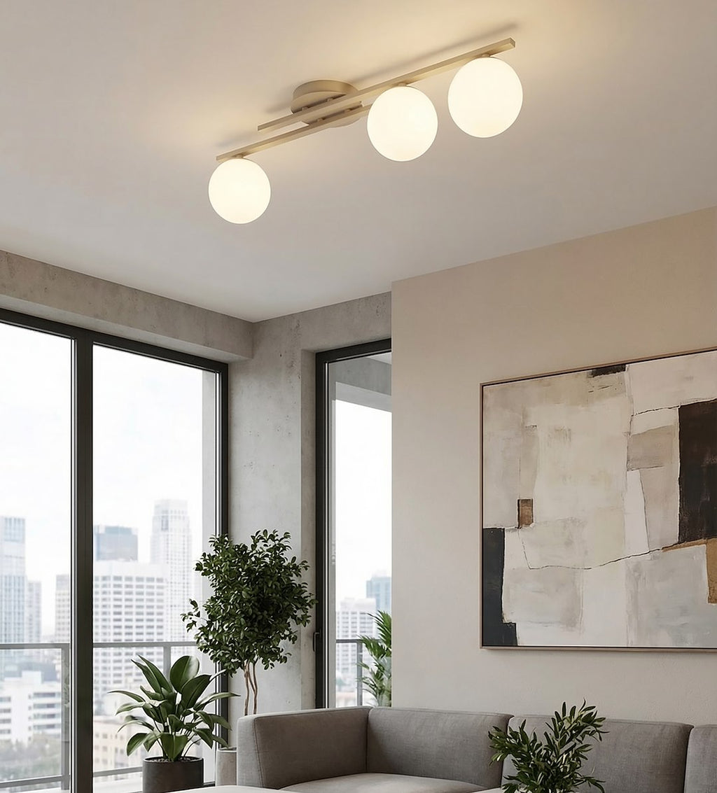 Plafondlamp gepoedercoat staal en glas Kairo, beige met witte glazen kappen, 3 lichts, 87 x 29 cm