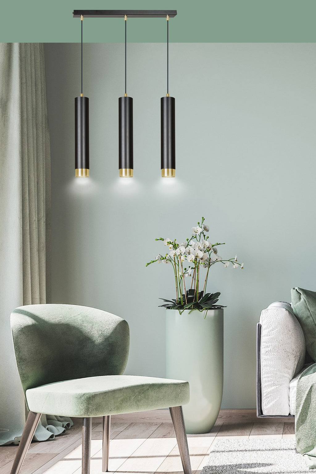 Hanglamp 3-lichts gepoedercoat staal modern zwart met gouden accenten, balk 45 cm, voor woonkamer en eethoek