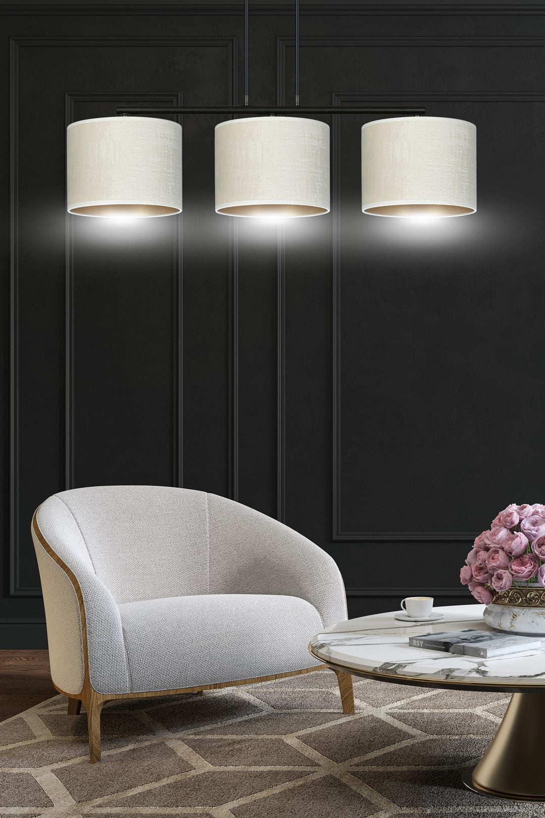 Hanglamp gepoedercoat staal en stof Hilde, zwart met witte kappen, 3 lichts, breedte 72 cm, eetkamer