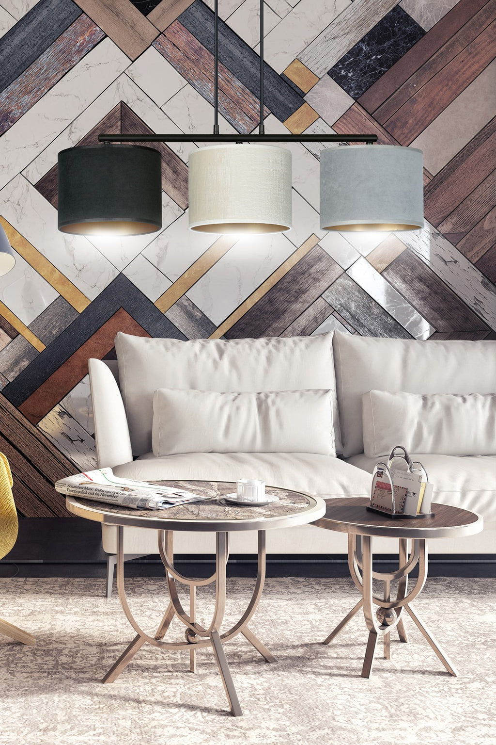 Hanglamp gepoedercoat staal en stof Hilde, zwart frame met zwarte, witte en grijze kap, 3 lichts, 72 cm breed