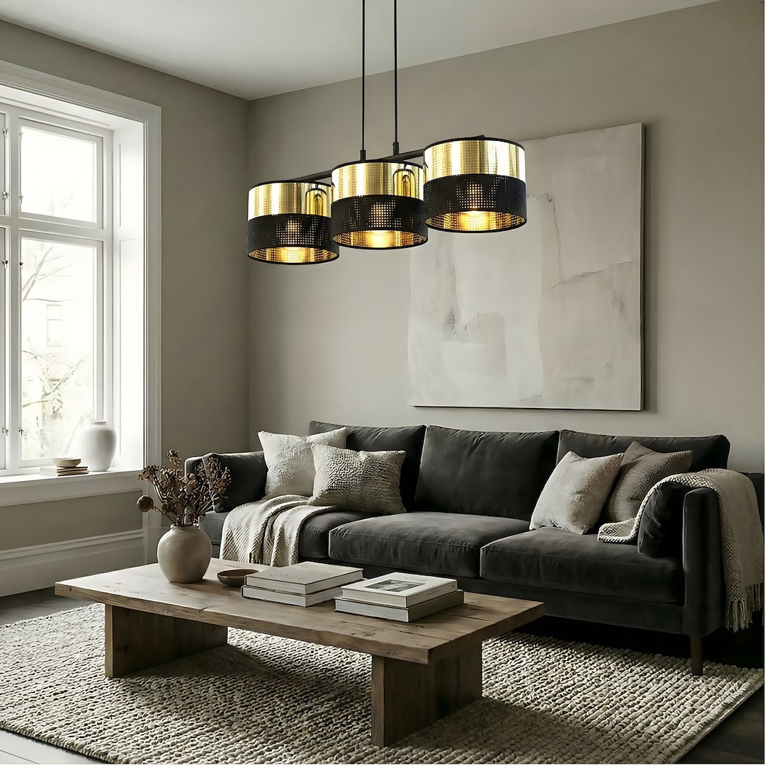 Hanglamp gepoedercoat staal en stof, modern Lux zwart met goud, kap Ø 20 cm, 3 lichts, voor eettafel en keukeneiland