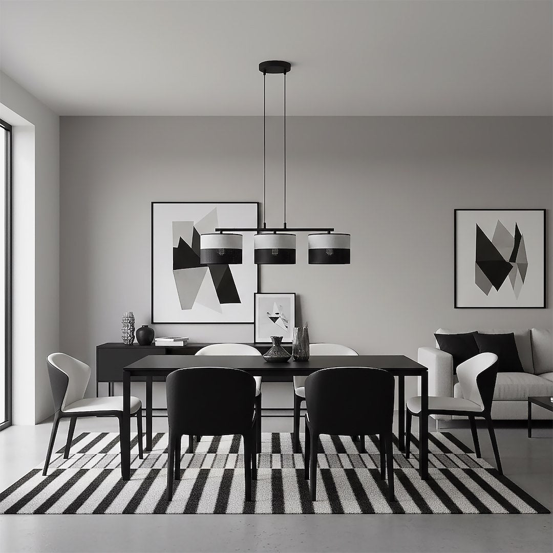 Hanglamp 3-lichts gepoedercoat staal en stof, Karbon, zwart grijs, kapdiameter Ø 20 cm, 70 cm breed