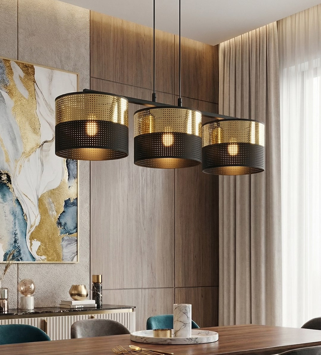 Hanglamp gepoedercoat staal en stof, modern Lux zwart met goud, kap Ø 20 cm, 3 lichts, voor eettafel en keukeneiland