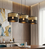 Hanglamp gepoedercoat staal en stof, modern Lux zwart met goud, kap Ø 20 cm, 3 lichts, voor eettafel en keukeneiland