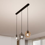Hanglamp 3-lichts gepoedercoat staal en glas, Istar, zwart met amber, grafiet en transparant glas, 70 x 100 cm