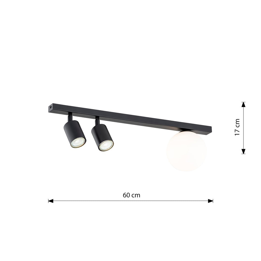Plafondlamp gepoedercoat staal en glas Baster, zwart met witte glazen kap, 60 cm breed, 3 lichtpunten, woonkamer en eetkamer