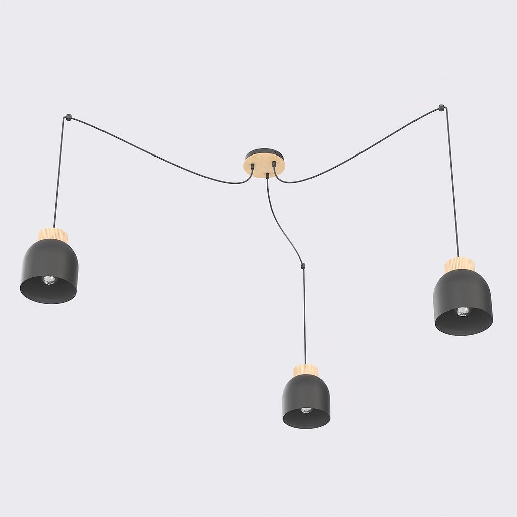 Hanglamp gepoedercoat staal en hout, Scandinavisch, model Kru, zwart, 3 fittingen E27, verstelbare hoogte