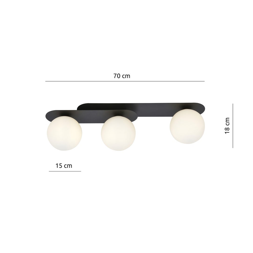 Plafondlamp Plaza gepoedercoat staal en glas, modern, zwart met witte glazen kappen, 3 lichts, 70 cm breed