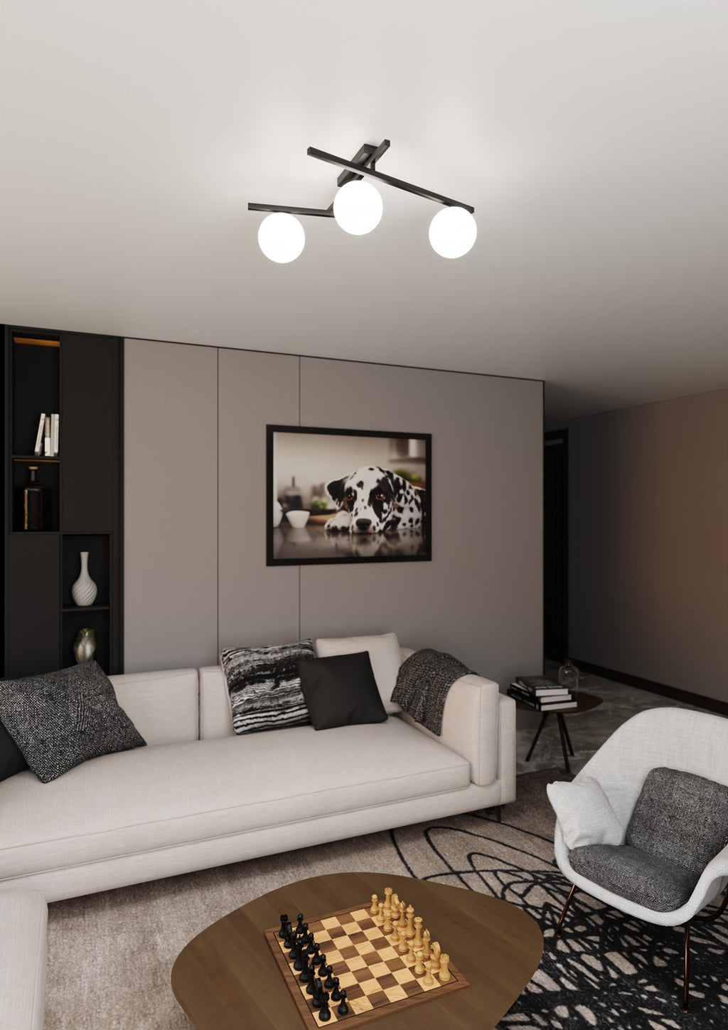 Plafondlamp gepoedercoat staal en glas, modern Smart 3 zwart met witte kappen, 3 x E14, 51 cm breed