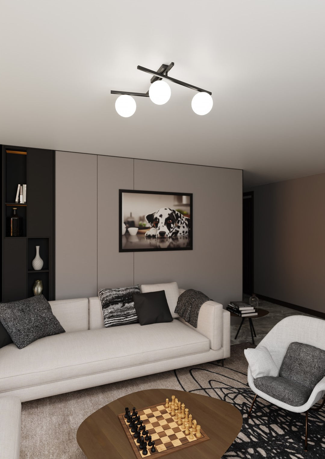 Plafondlamp gepoedercoat staal en glas, modern Smart 3 zwart met witte kappen, 3 x E14, 51 cm breed