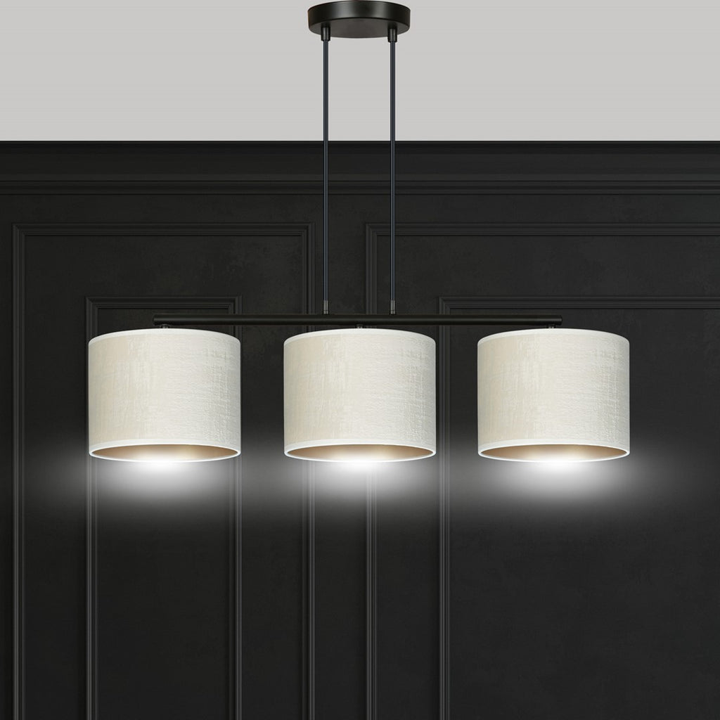 Hanglamp gepoedercoat staal en stof Hilde, zwart met witte kappen, 3 lichts, breedte 72 cm, eetkamer