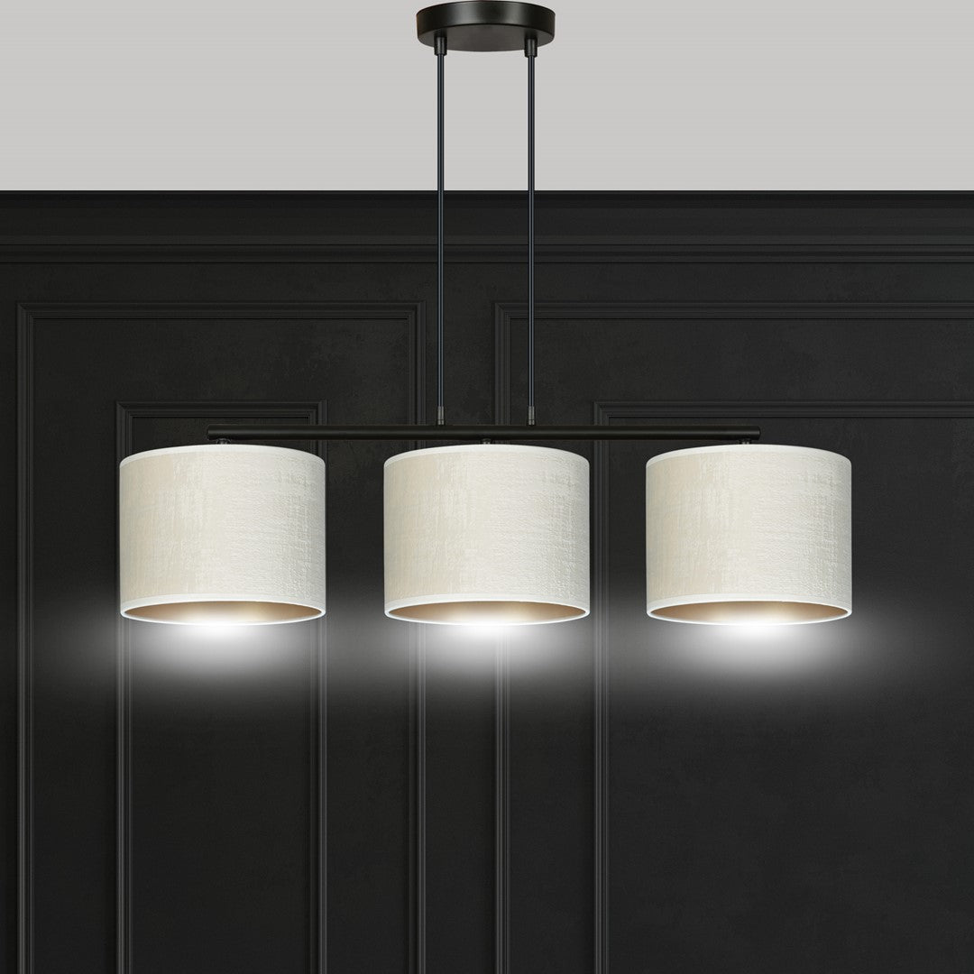 Hanglamp gepoedercoat staal en stof Hilde, zwart met witte kappen, 3 lichts, breedte 72 cm, eetkamer