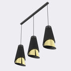 Hanglamp 3-lichts gepoedercoat staal met stoffen kap, Moda, zwart met goud, 95 cm, eettafel en woonkamer