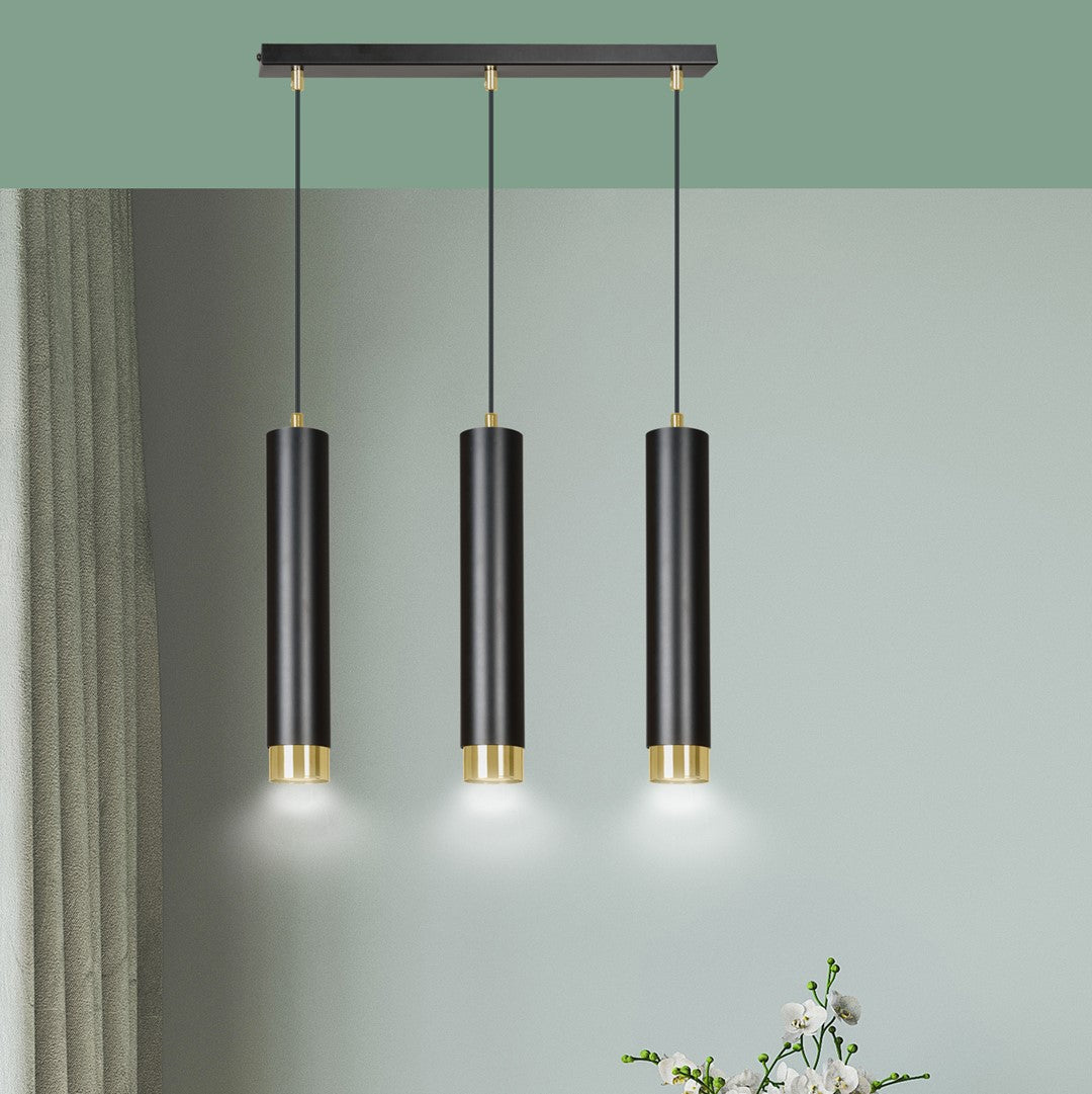 Hanglamp 3-lichts gepoedercoat staal modern zwart met gouden accenten, balk 45 cm, voor woonkamer en eethoek