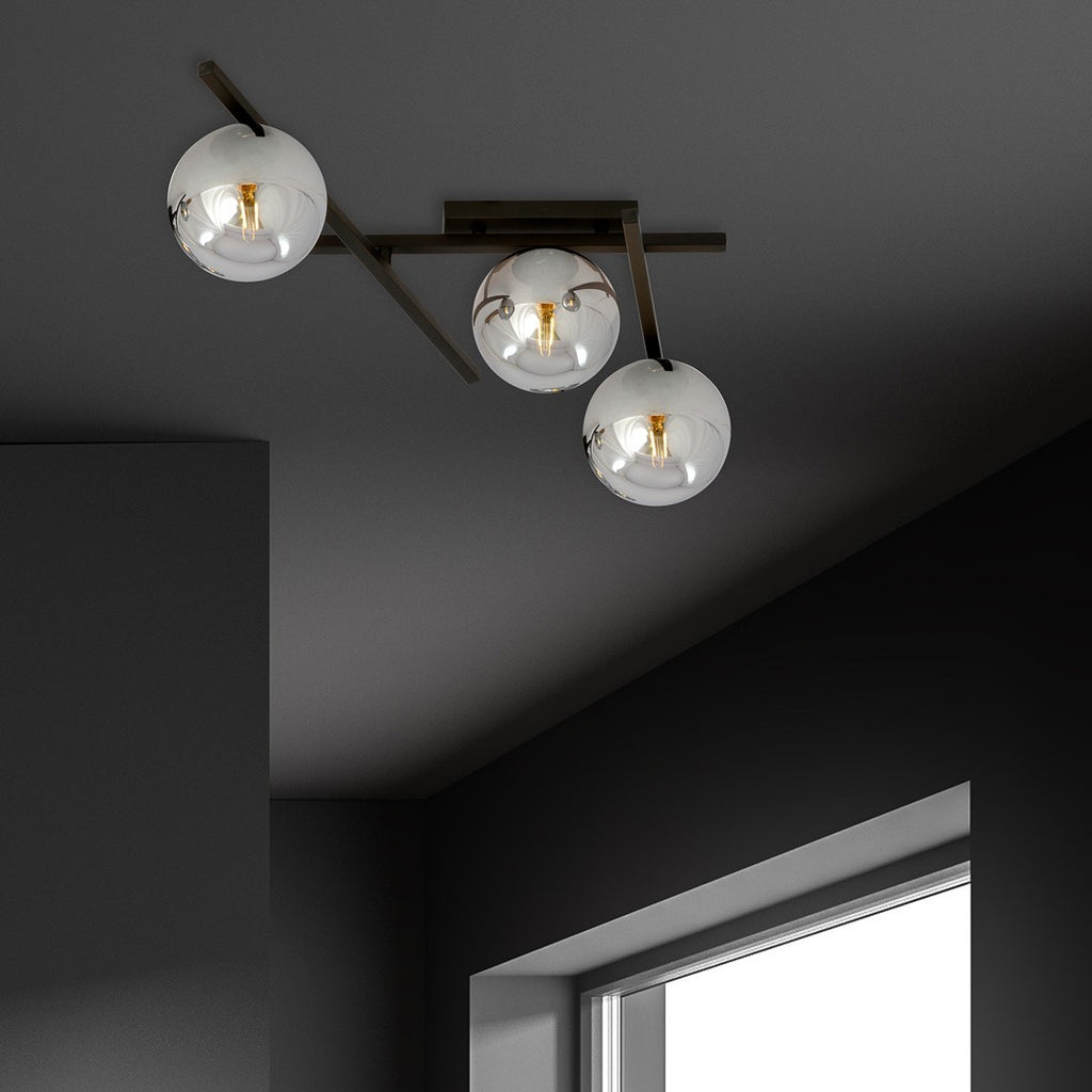 Plafondlamp staal en glas Smart 3 lichtpunten, modern, zwart met grafiet glazen kappen Ø 15 cm