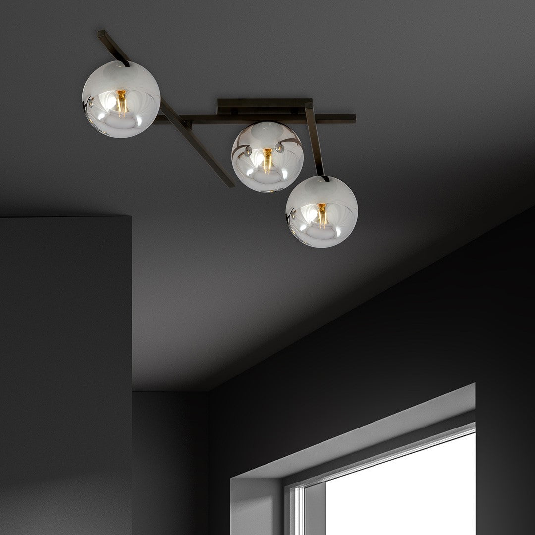Plafondlamp staal en glas Smart 3 lichtpunten, modern, zwart met grafiet glazen kappen Ø 15 cm