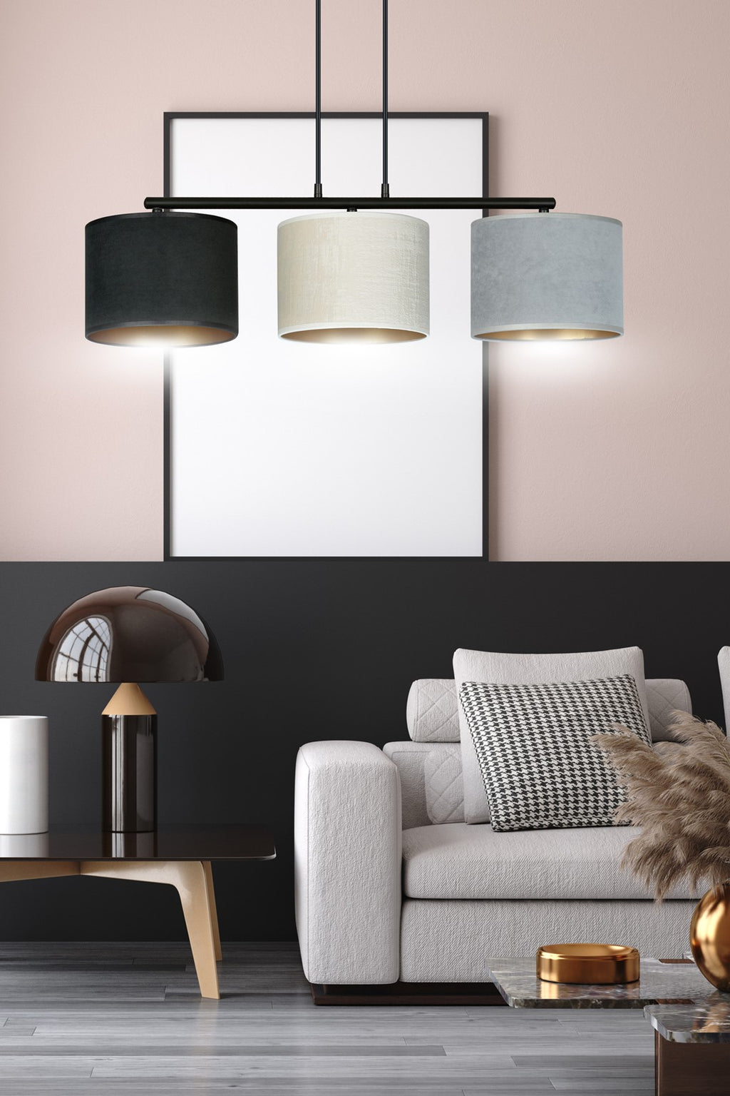 Hanglamp gepoedercoat staal en stof Hilde, zwart frame met zwarte, witte en grijze kap, 3 lichts, 72 cm breed