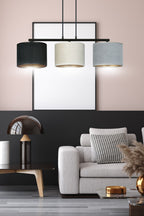 Hanglamp gepoedercoat staal en stof Hilde, zwart frame met zwarte, witte en grijze kap, 3 lichts, 72 cm breed
