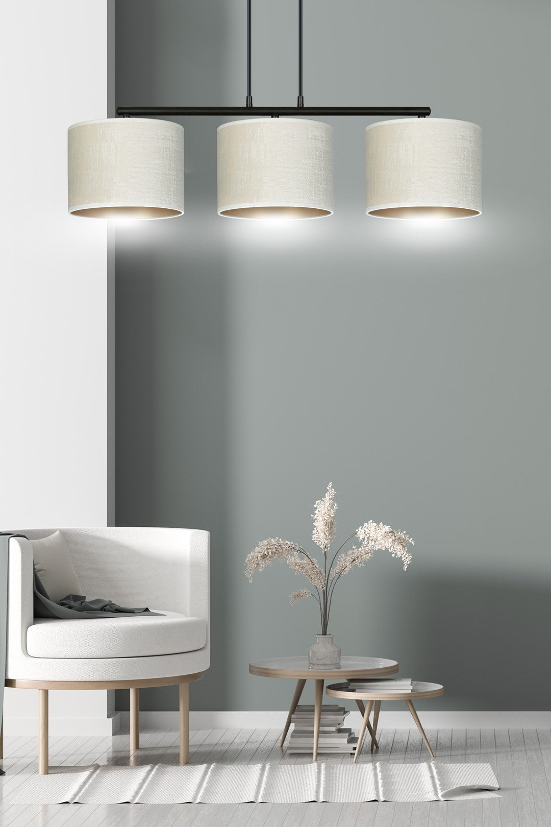 Hanglamp gepoedercoat staal en stof Hilde, zwart met witte kappen, 3 lichts, breedte 72 cm, eetkamer