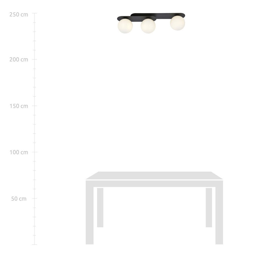 Plafondlamp Plaza gepoedercoat staal en glas, modern, zwart met witte glazen kappen, 3 lichts, 70 cm breed