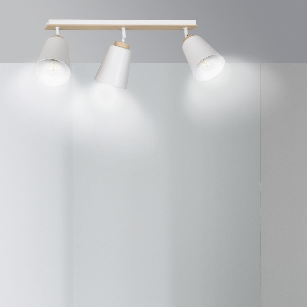 Plafondlamp 3 spots gepoedercoat staal en multiplex, Scandinavisch Atlas, wit met hout, voor lage plafonds