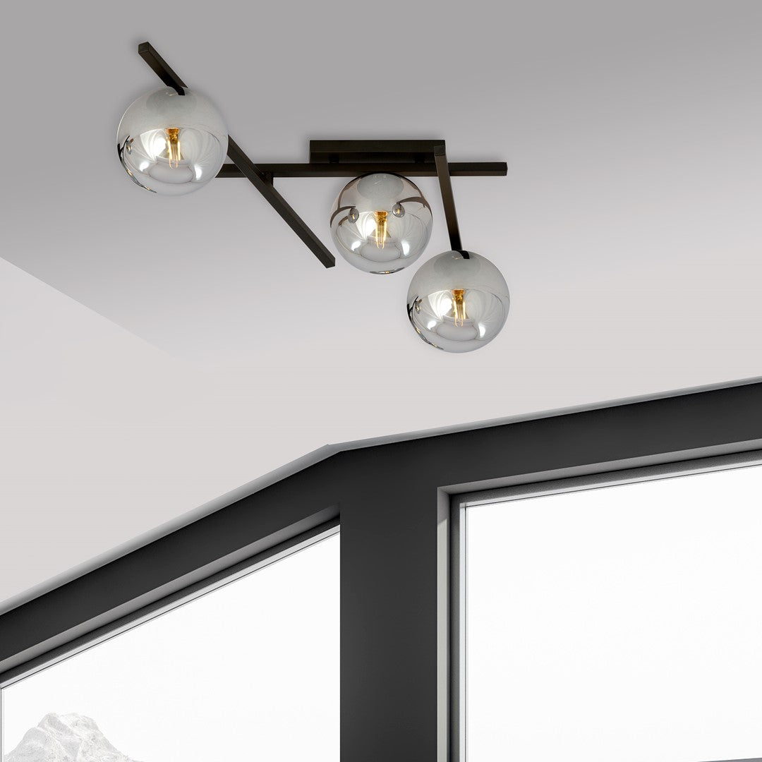 Plafondlamp staal en glas Smart 3 lichtpunten, modern, zwart met grafiet glazen kappen Ø 15 cm