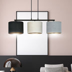 Hanglamp gepoedercoat staal en stof Hilde, zwart frame met zwarte, witte en grijze kap, 3 lichts, 72 cm breed