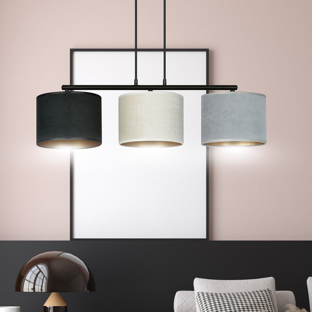 Hanglamp gepoedercoat staal en stof Hilde, zwart frame met zwarte, witte en grijze kap, 3 lichts, 72 cm breed