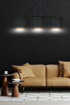 Hanglamp gepoedercoat staal en stof Hilde, zwart met gouden binnenkant, 3 kappen Ø 20 cm, minimalistisch, eetkamer