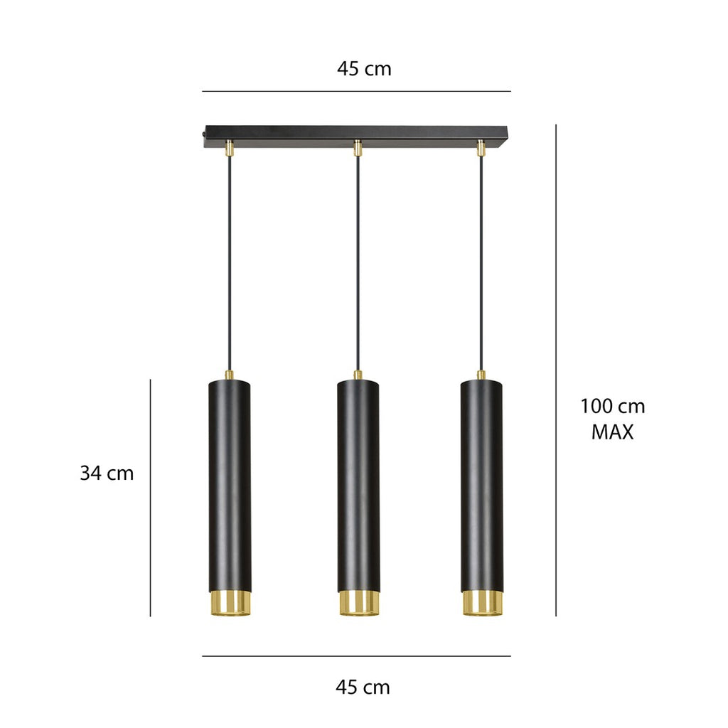 Hanglamp 3-lichts gepoedercoat staal modern zwart met gouden accenten, balk 45 cm, voor woonkamer en eethoek