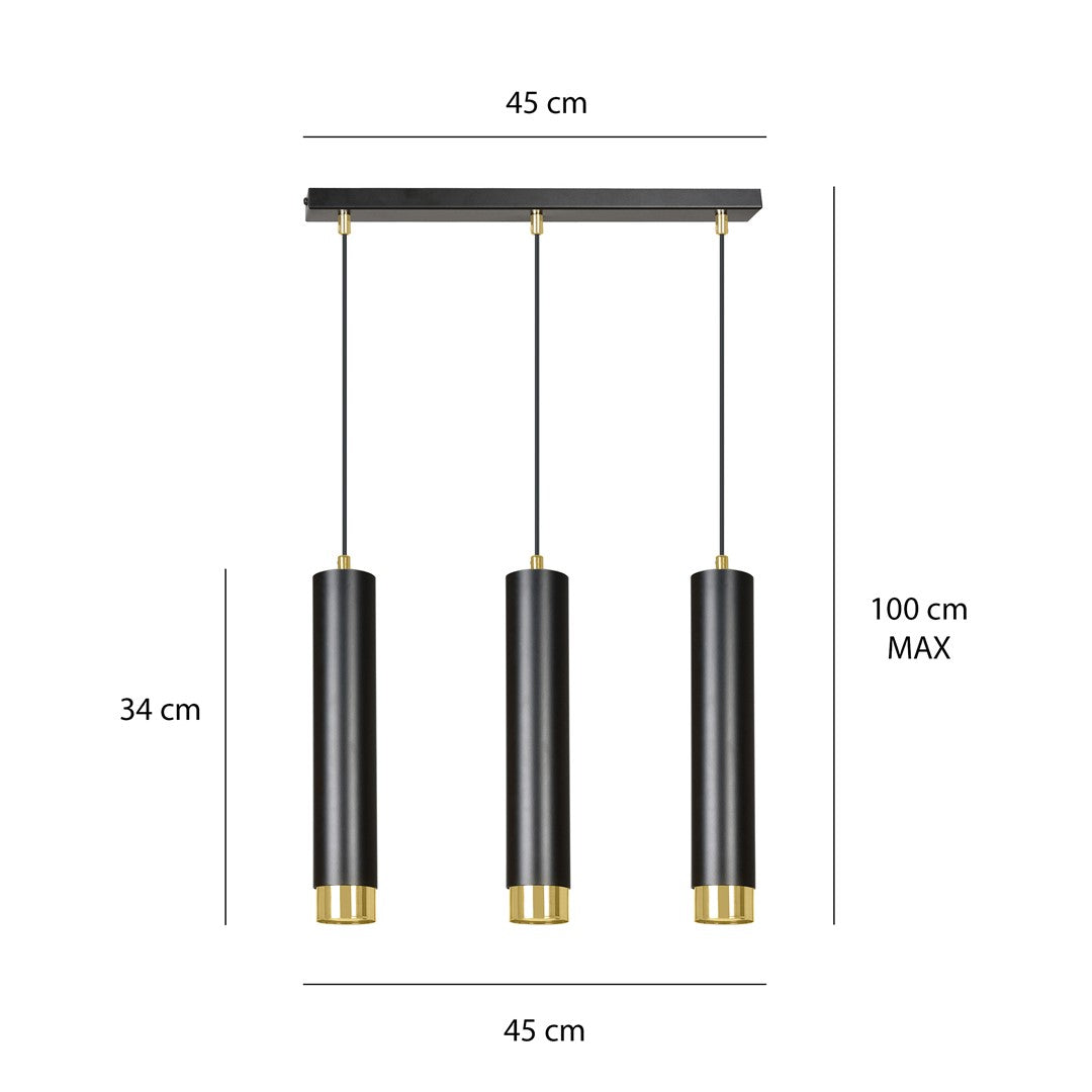 Hanglamp 3-lichts gepoedercoat staal modern zwart met gouden accenten, balk 45 cm, voor woonkamer en eethoek