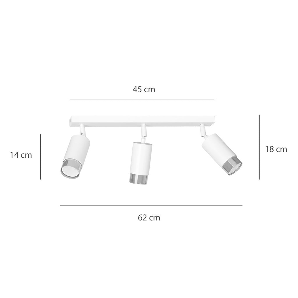 Plafondlamp 3 spots gepoedercoat staal, modern, Hiro wit met zilverkleurige accenten, 45 cm breed