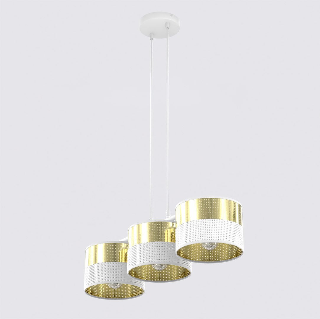 Hanglamp gepoedercoat staal met stoffen kap, Lux, wit en goud, 3 lichts, kap Ø 20 cm, breedte 70 cm