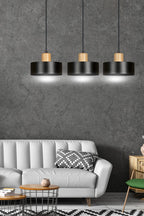 Hanglamp gepoedercoat staal en hout Torin, zwart, 3 lichts, 80 x 100 cm, verstelbare hoogte, woonkamer en eetkamer