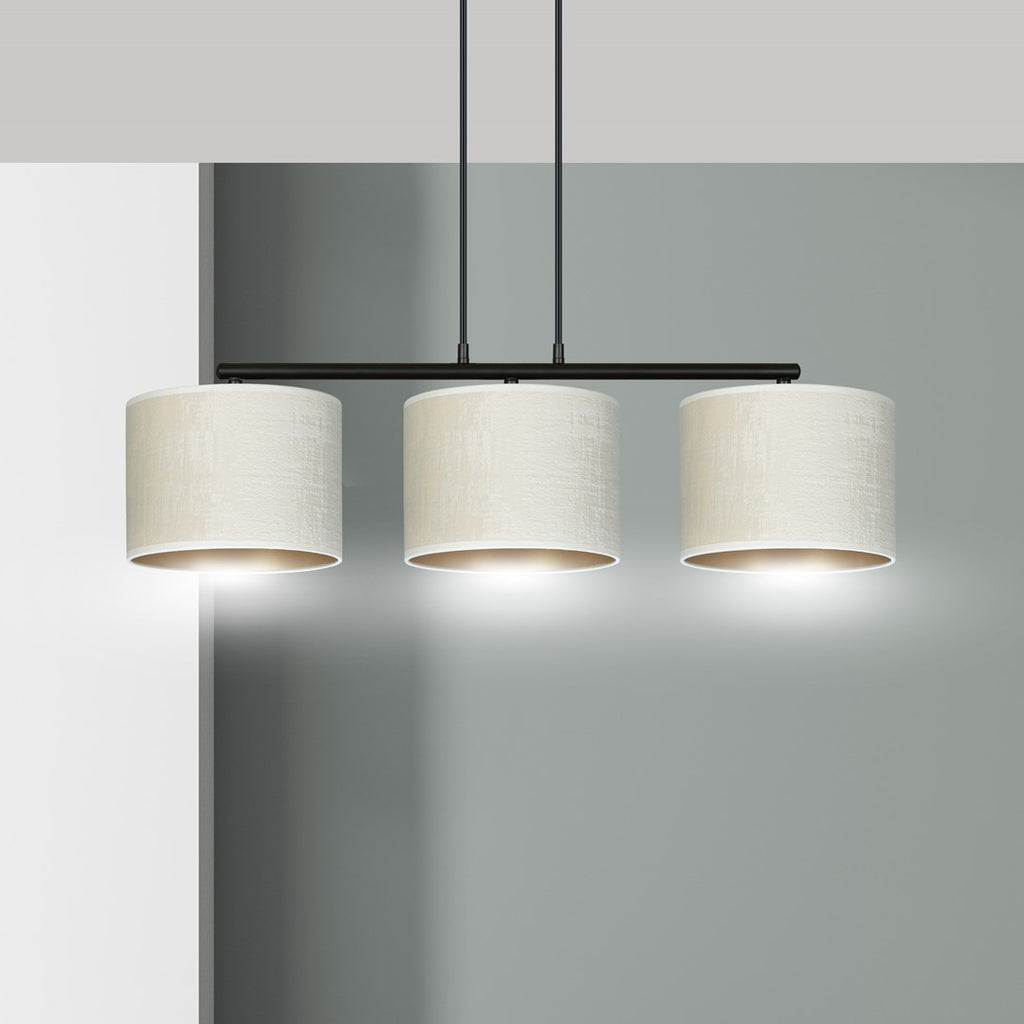 Hanglamp gepoedercoat staal en stof Hilde, zwart met witte kappen, 3 lichts, breedte 72 cm, eetkamer