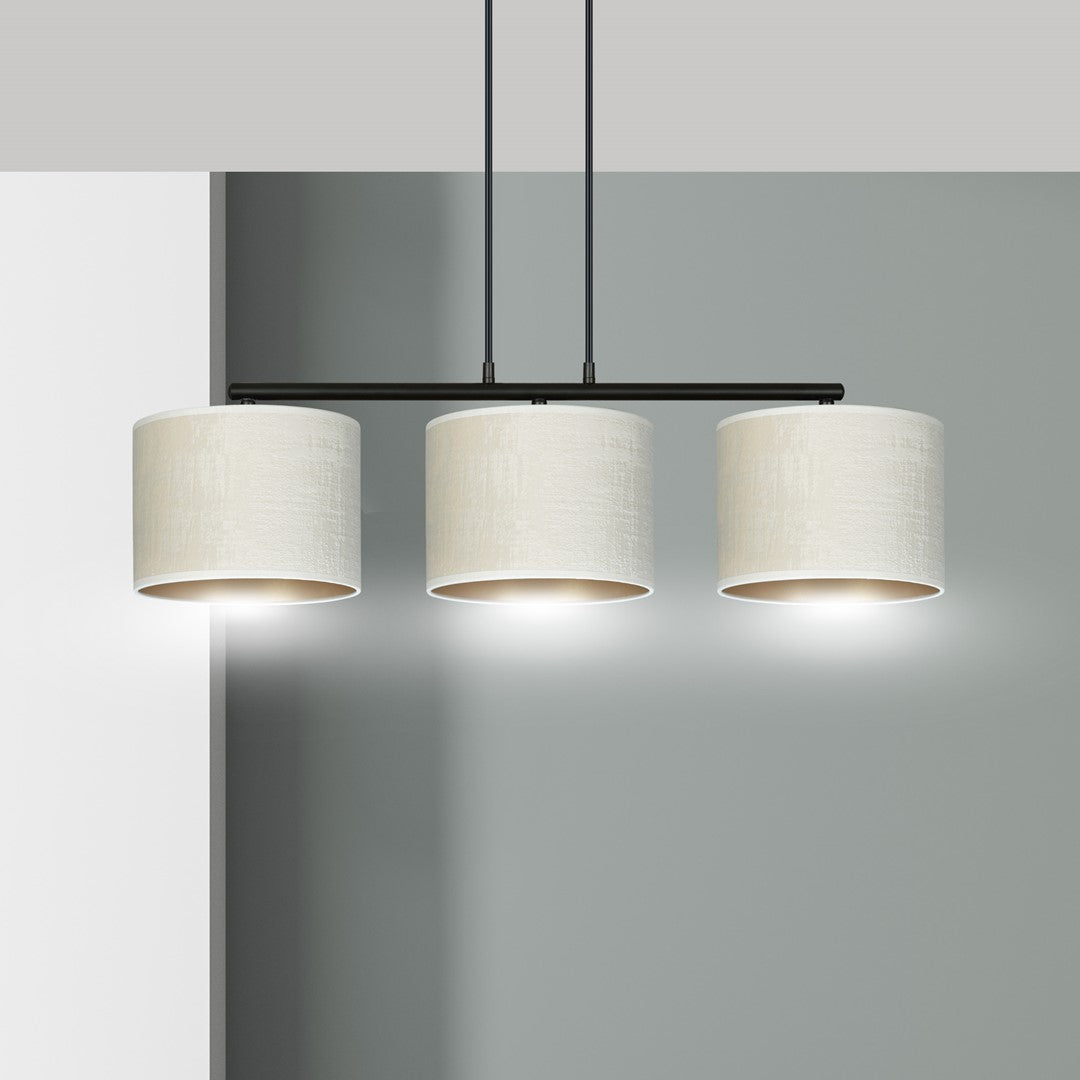 Hanglamp gepoedercoat staal en stof Hilde, zwart met witte kappen, 3 lichts, breedte 72 cm, eetkamer