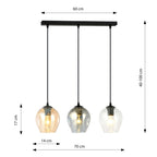 Hanglamp 3-lichts gepoedercoat staal en glas, Istar, zwart met amber, grafiet en transparant glas, 70 x 100 cm